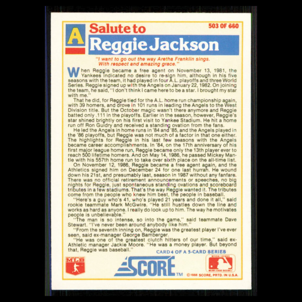 Reggie Jackson #503 1988 Score California Angels Baseball Card MLB NM