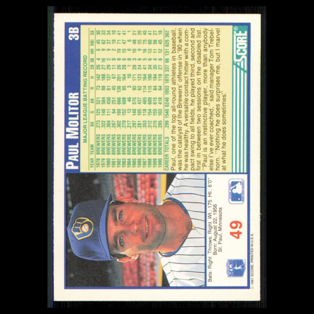 Paul Molitor #49 1991 Score Milwaukee Brewers Baseball Card MLB NM