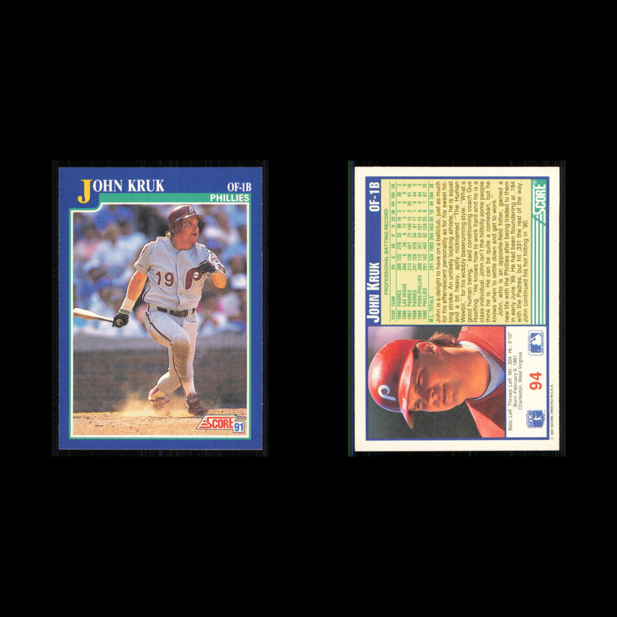 John Kruk #94 1991 Score Philadelphia Phillies Baseball Card MLB NM