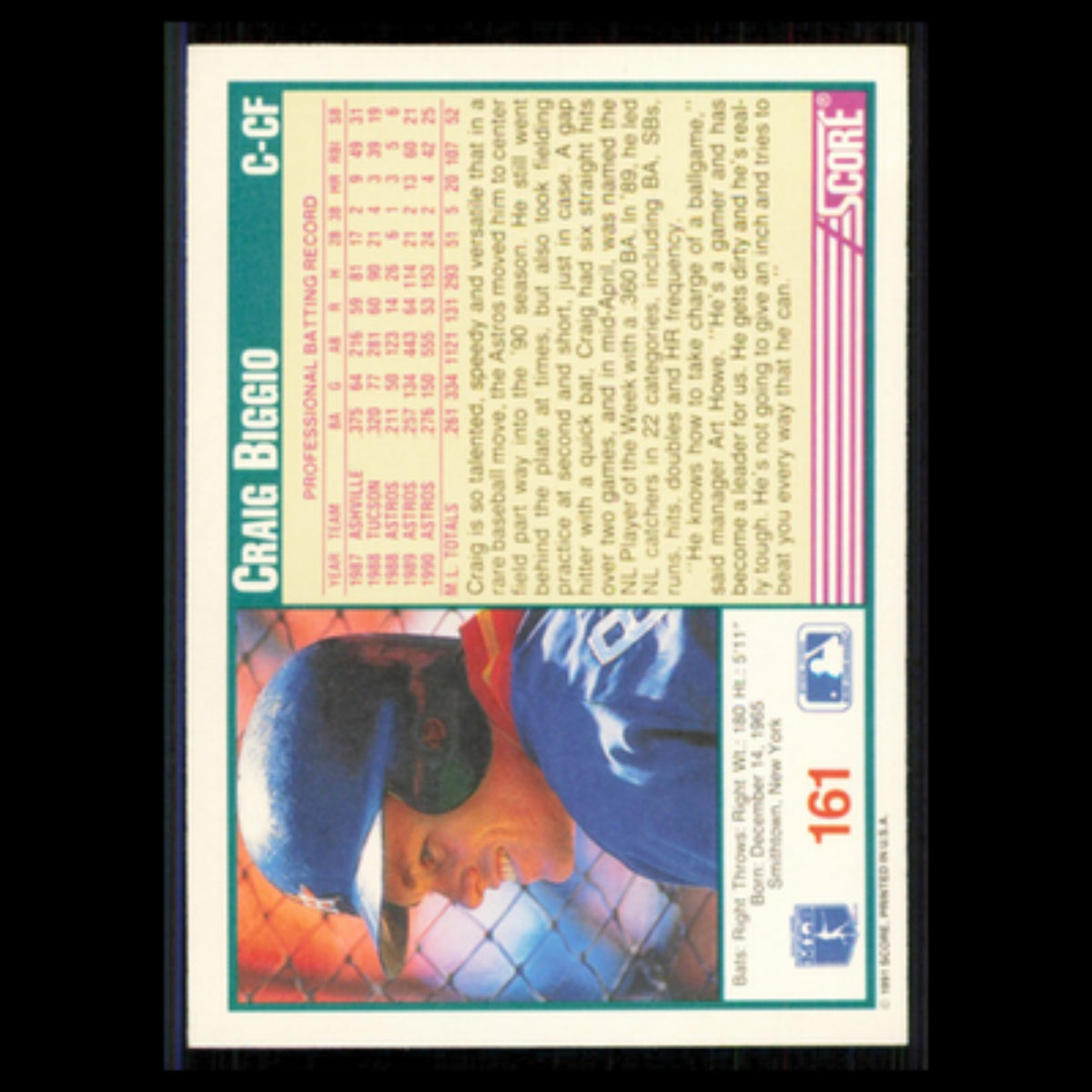 Craig Biggio #161 1991 Score Houston Astros Baseball Card MLB NM