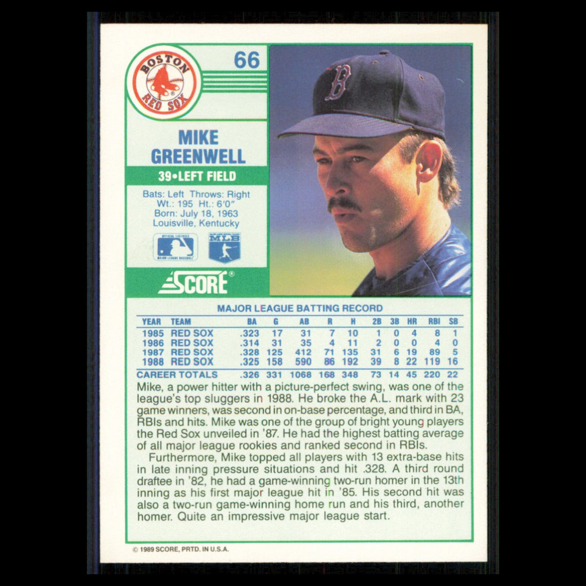 Mike Greenwell #66 1989 Score Boston Red Sox Baseball Card MLB NM