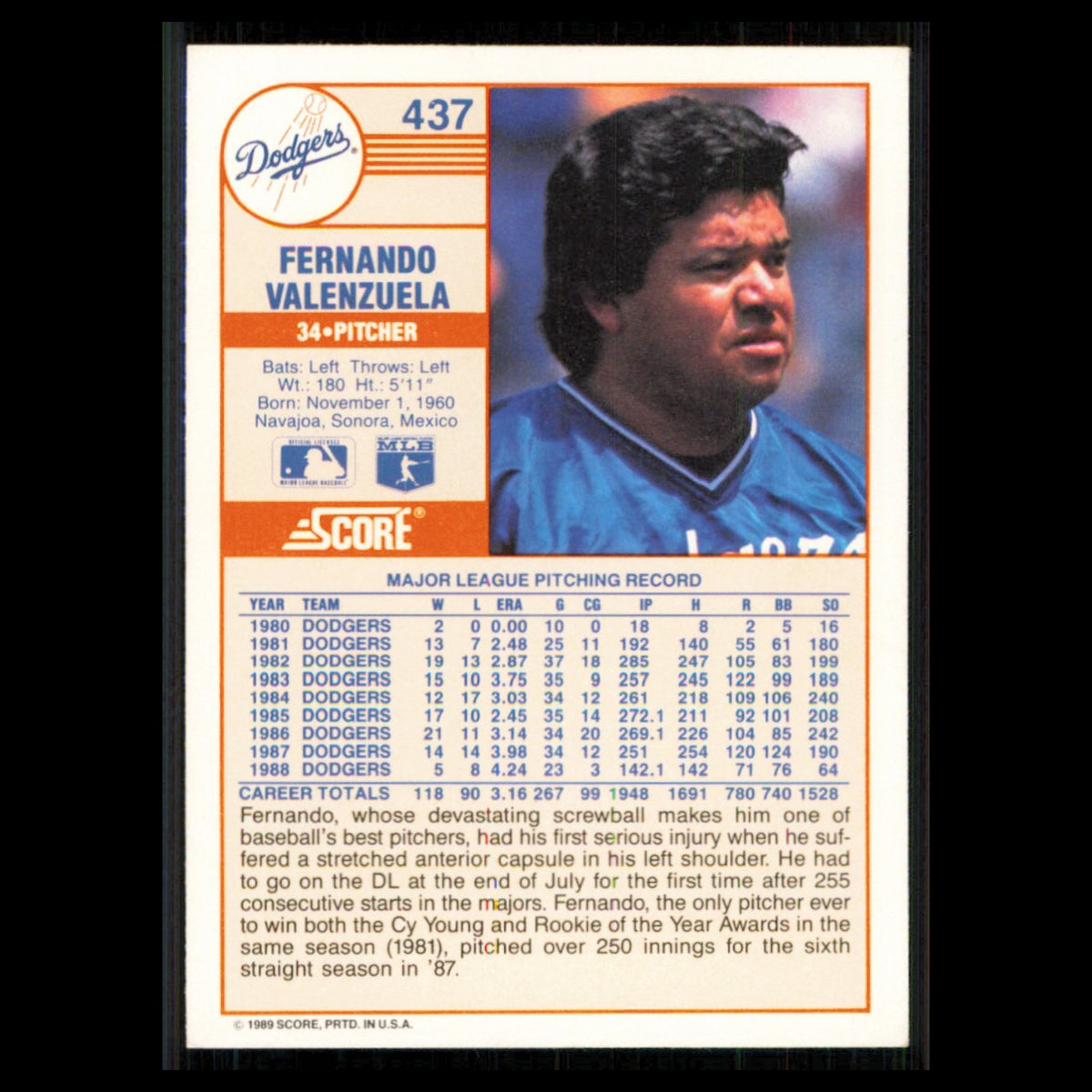 Fernando Valenzuela #437 1989 Score Los Angeles Dodgers Baseball Card MLB NM