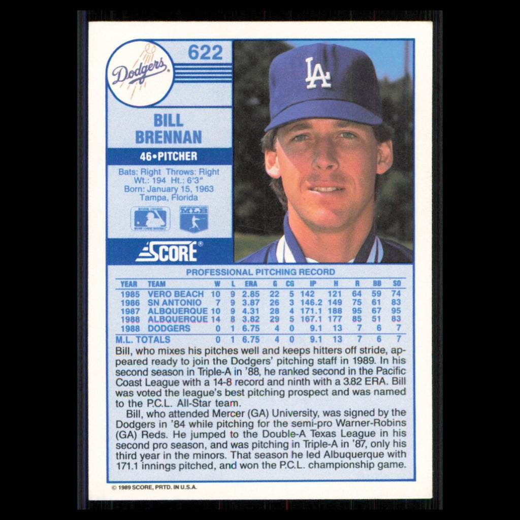 Bill Brennan Rookie #622 1989 Score Los Angeles Dodgers Baseball Card MLB NM