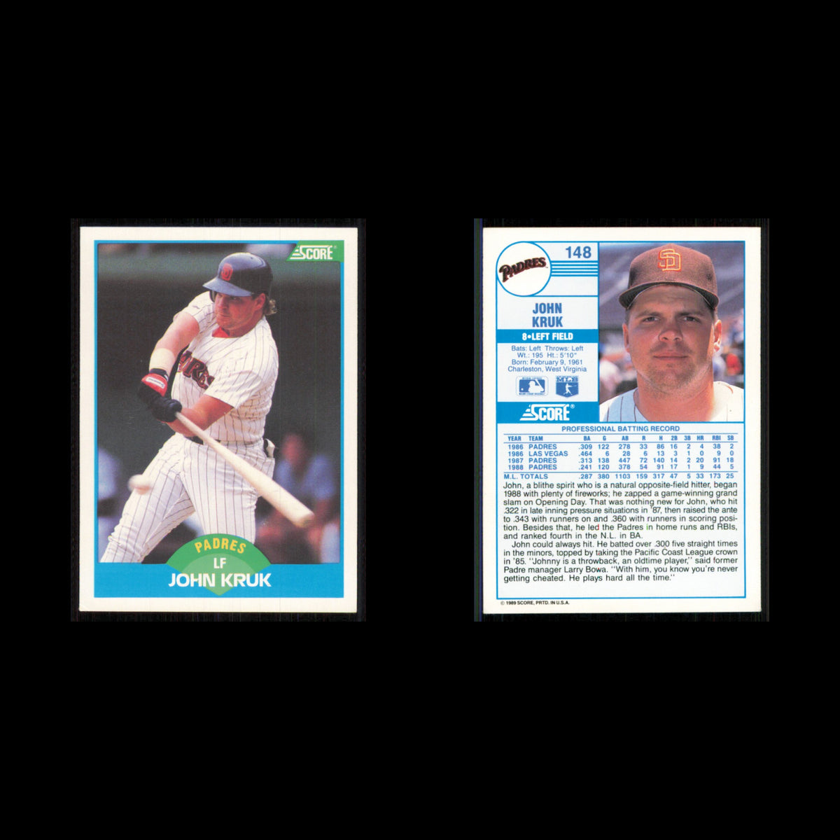 John Kruk #148 1989 Score San Diego Padres Baseball Card MLB NM