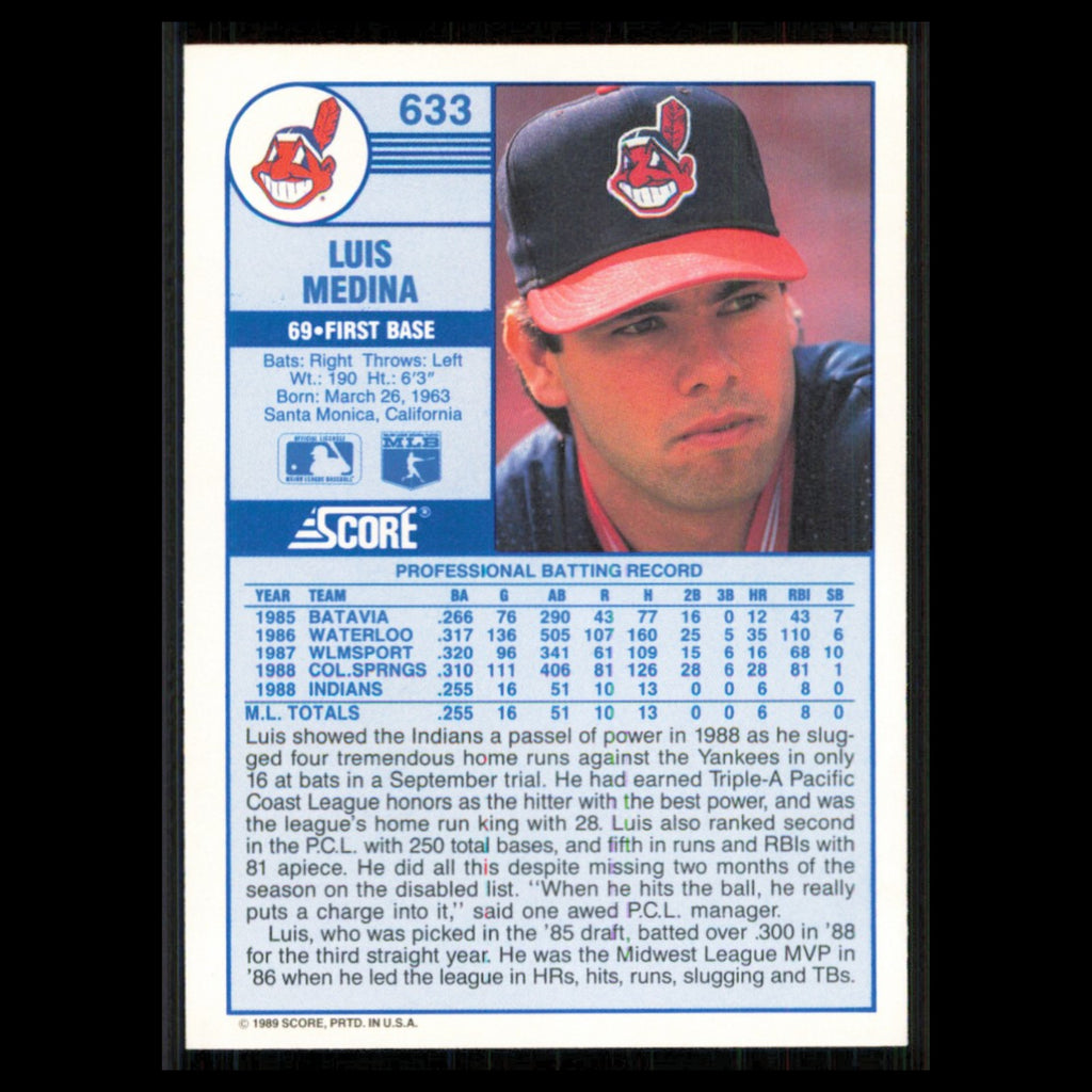 Luis Medina Rookie #633 1989 Score Cleveland Indians Baseball Card MLB NM