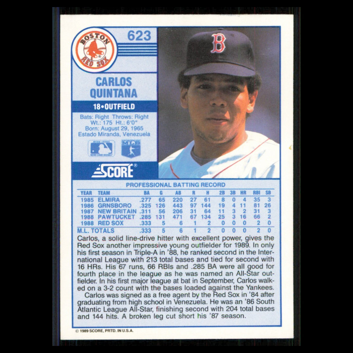 Carlos Quintana Rookie #623 1989 Score Boston Red Sox Baseball Card MLB NM