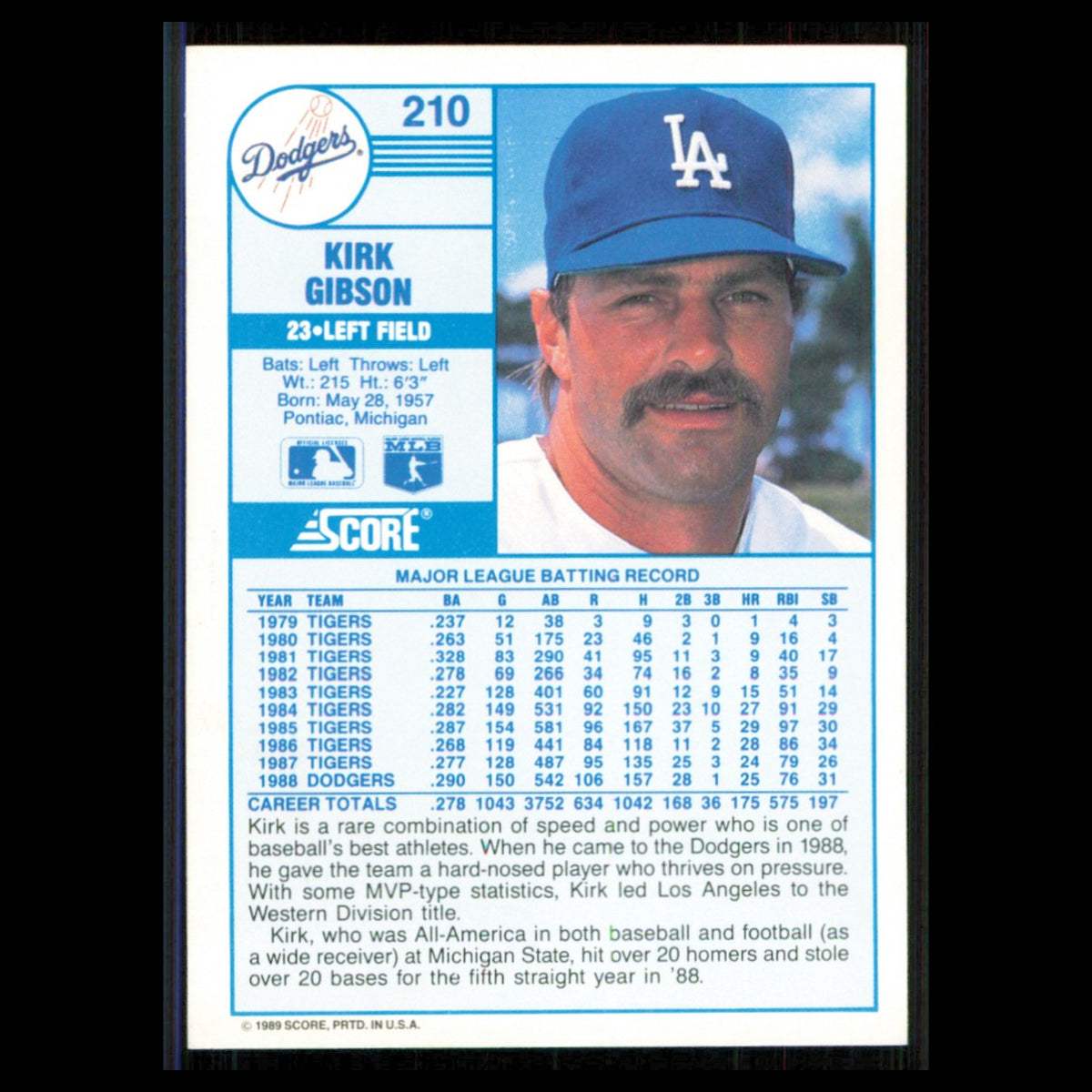 Kirk Gibson #210 1989 Score Los Angeles Dodgers Baseball Card MLB NM
