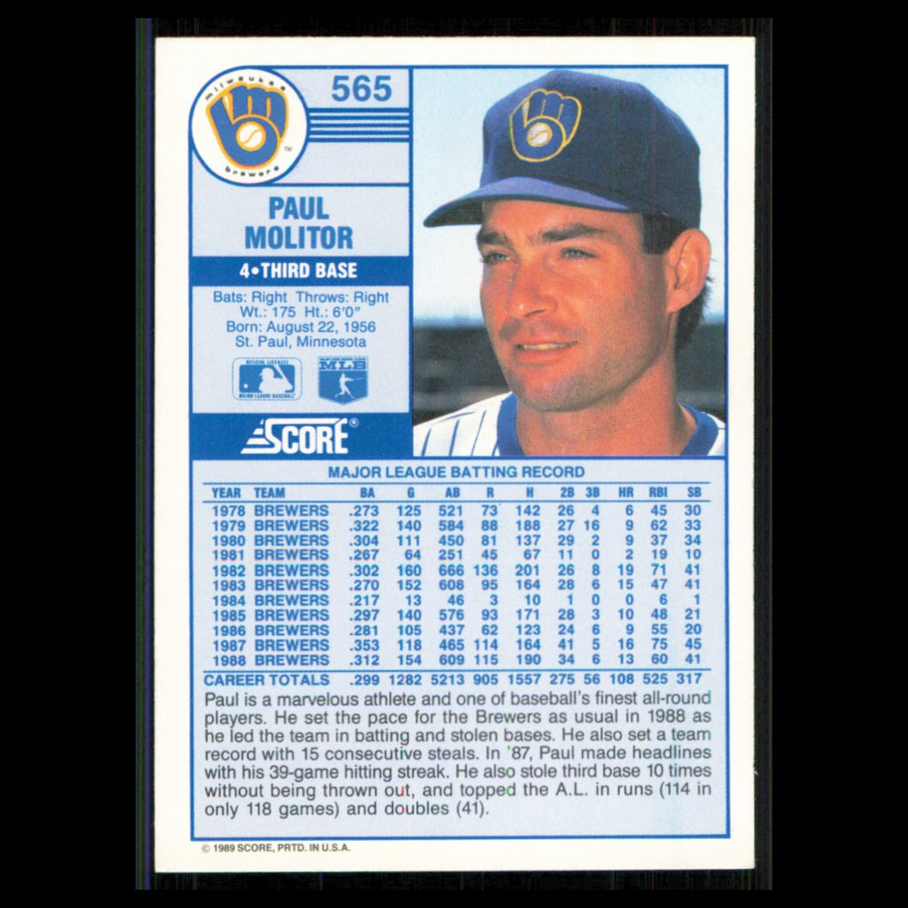 Paul Molitor #565 1989 Score Milwaukee Brewers Baseball Card MLB NM