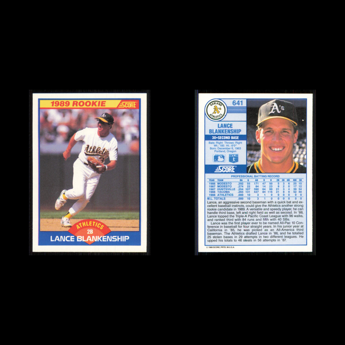Lance Blankenship Rookie #641 1989 Score Oakland Athletics Baseball Card MLB NM
