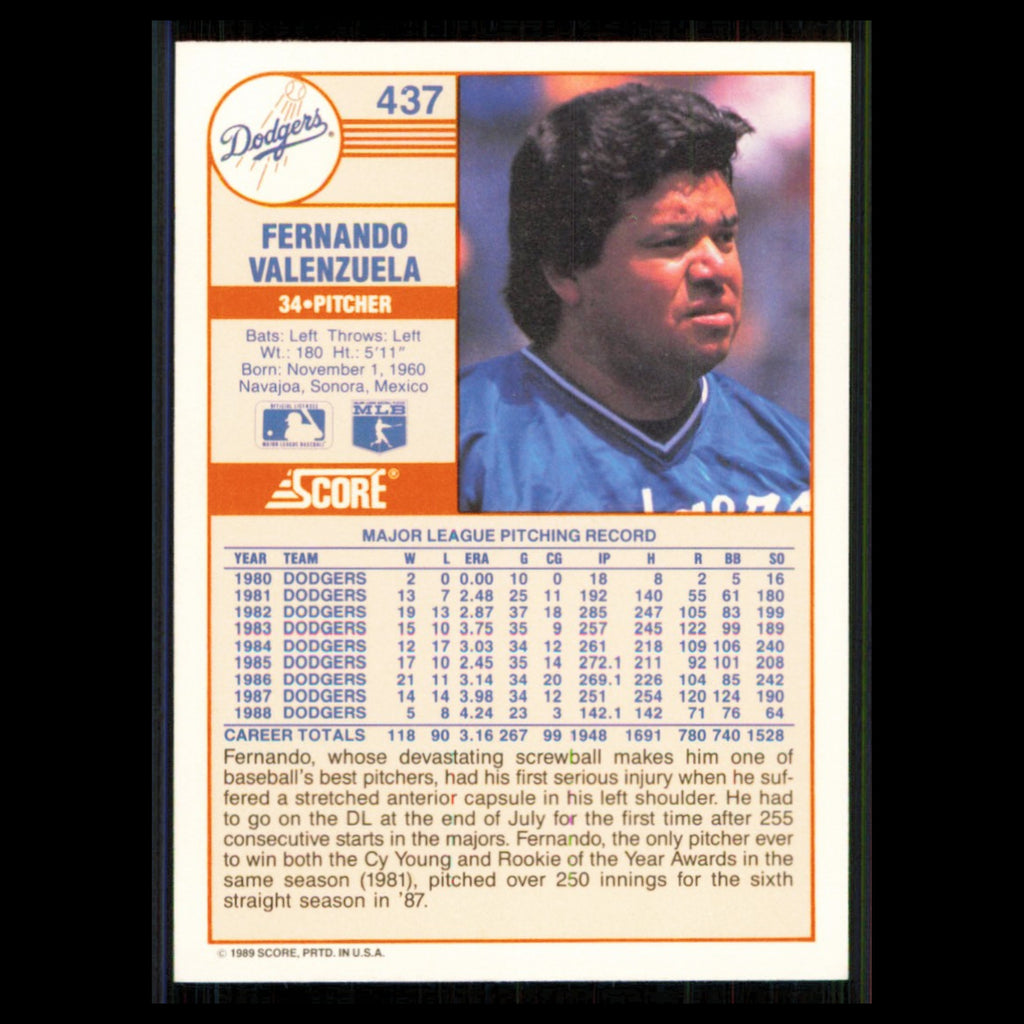 Fernando Valenzuela #437 1989 Score Los Angeles Dodgers Baseball Card MLB NM