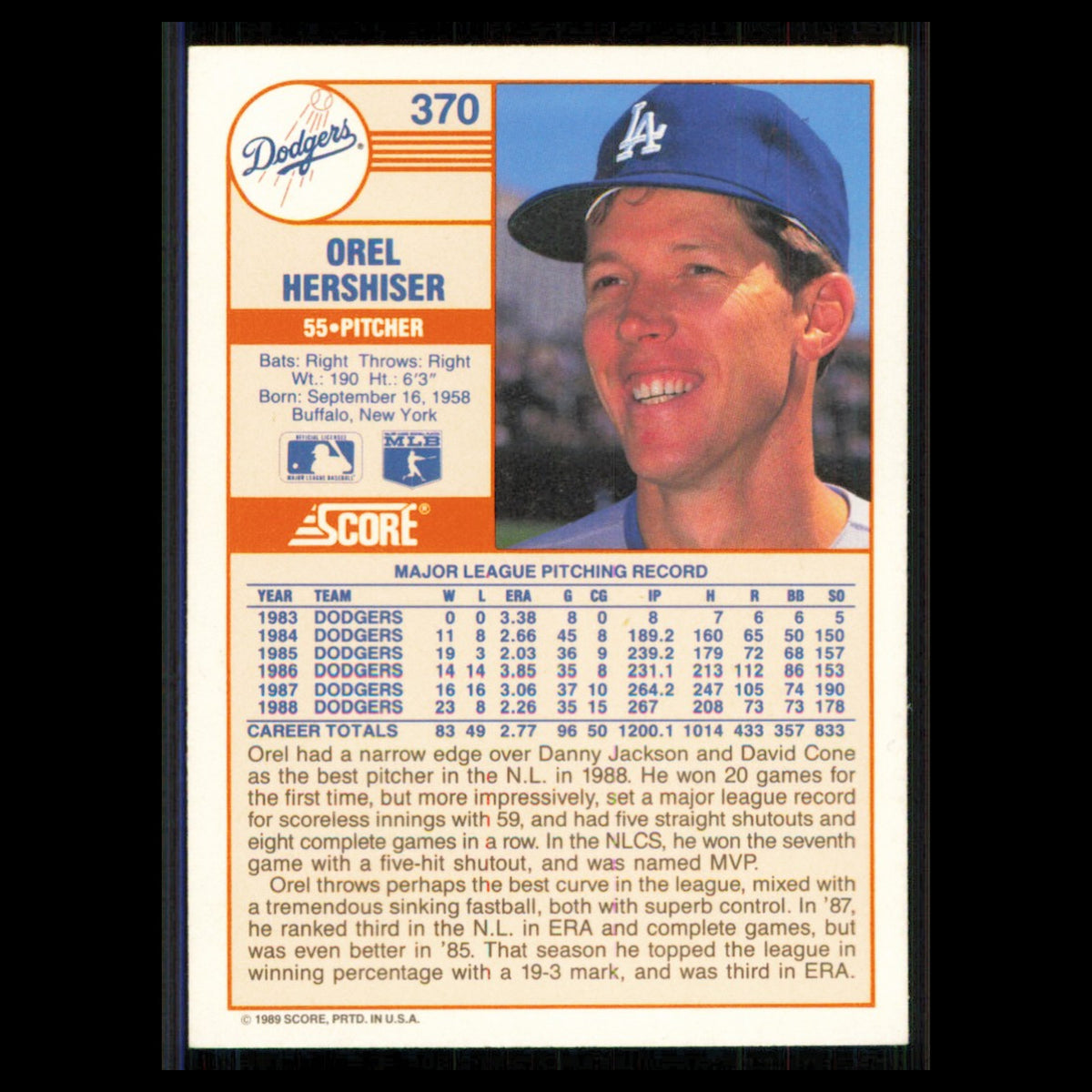 Orel Hershiser #370 1989 Score Los Angeles Dodgers Baseball Card MLB NM