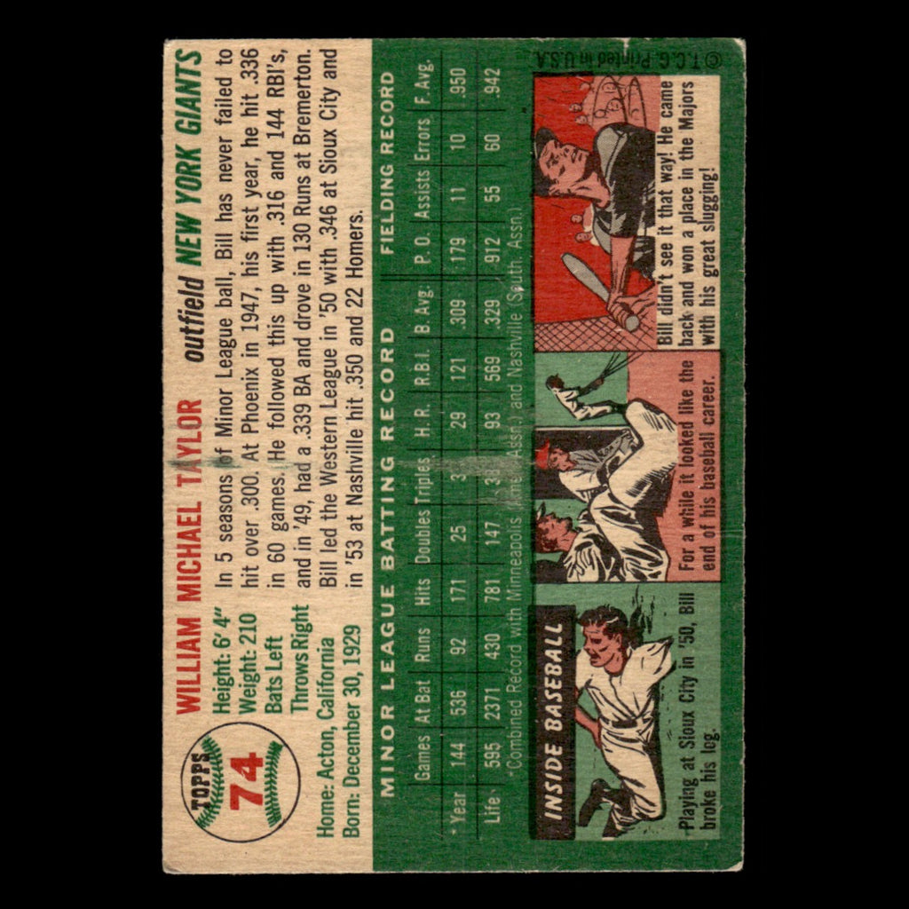 Bill Taylor Rookie #74 1954 Topps New York Giants Baseball Card MLB EX