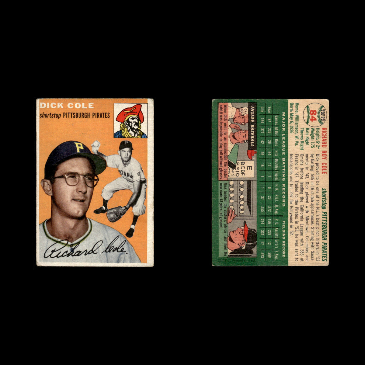 Dick Cole Rookie #84 1954 Topps Pittsburgh Pirates Baseball Card MLB EX