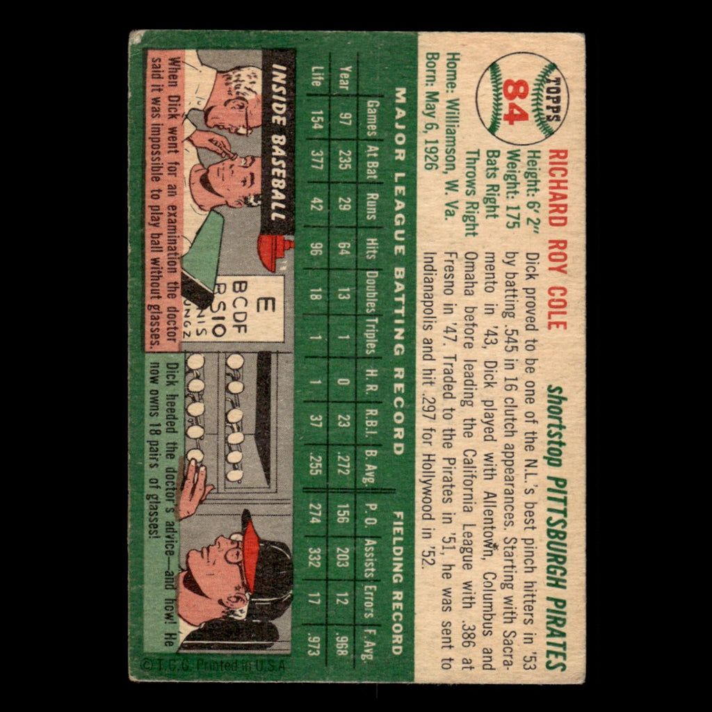 Dick Cole Rookie #84 1954 Topps Pittsburgh Pirates Baseball Card MLB EX