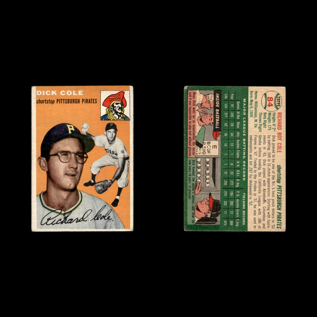 Dick Cole Rookie #84 1954 Topps Pittsburgh Pirates Baseball Card MLB EX
