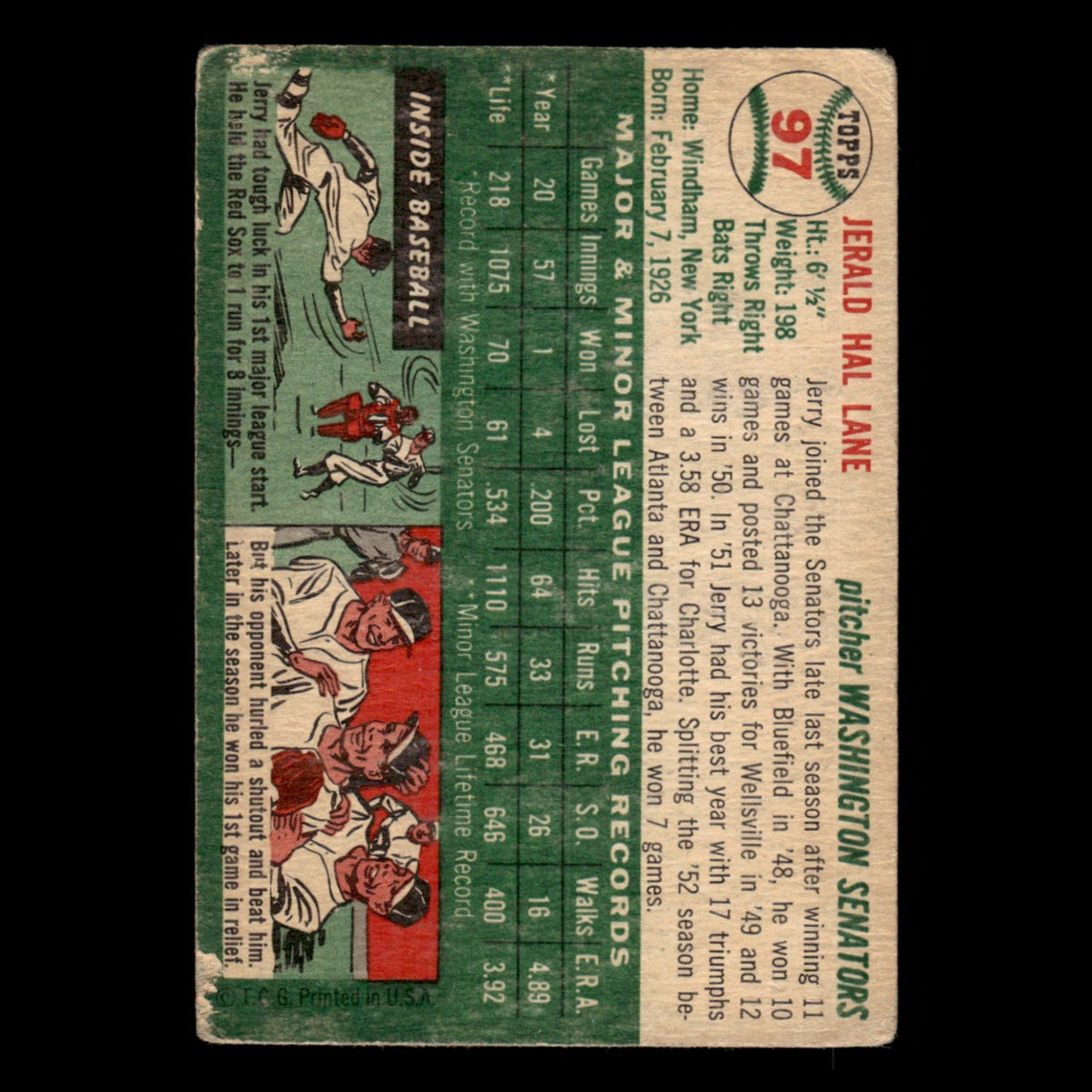 Jerry Lane Rookie #97 1954 Topps Washington Senators Baseball Card MLB EX