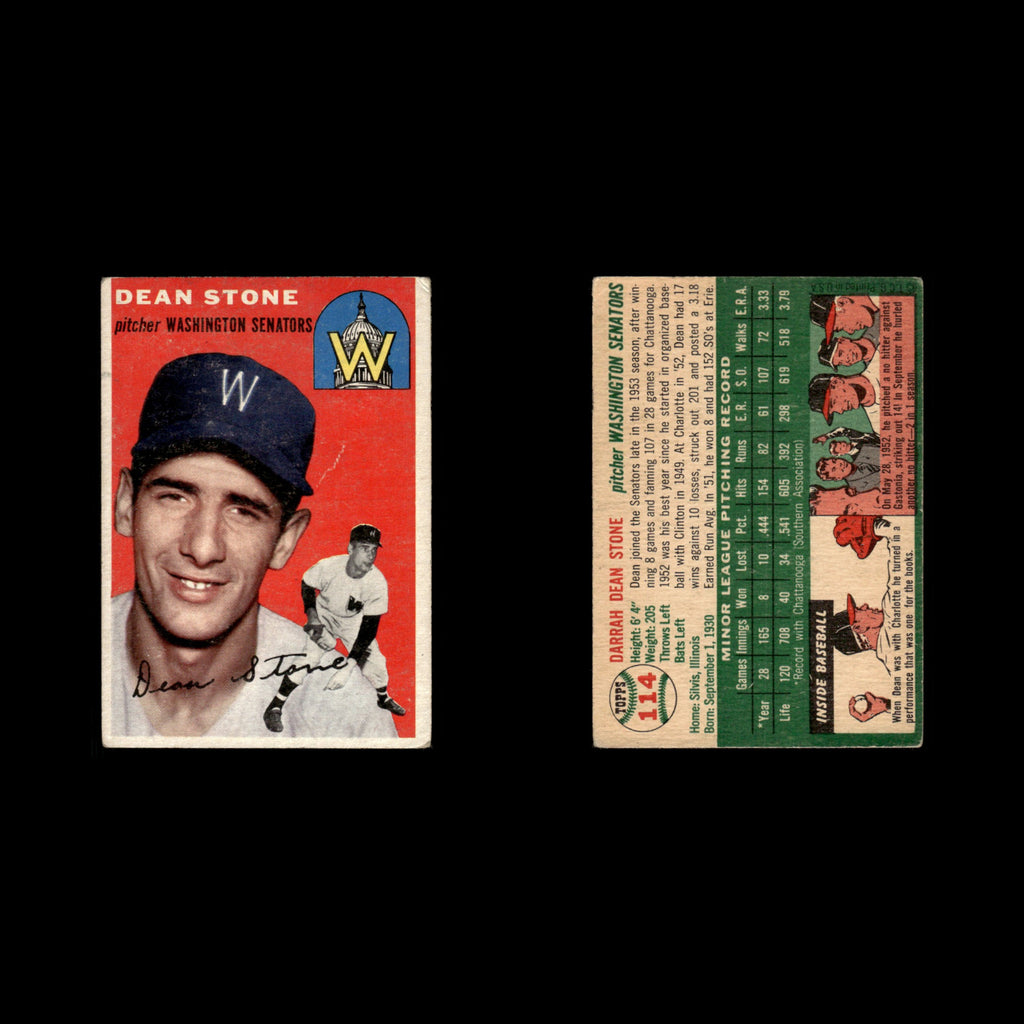 Dean Stone Rookie #114 1954 Topps Washington Senators Baseball Card MLB EX