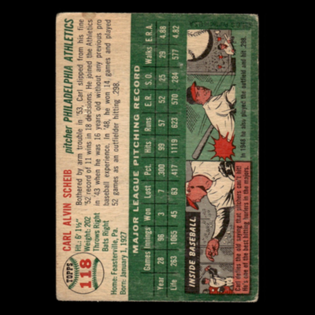 Carl Scheib #118 1954 Topps Philadelphia Athletics Baseball Card MLB EX