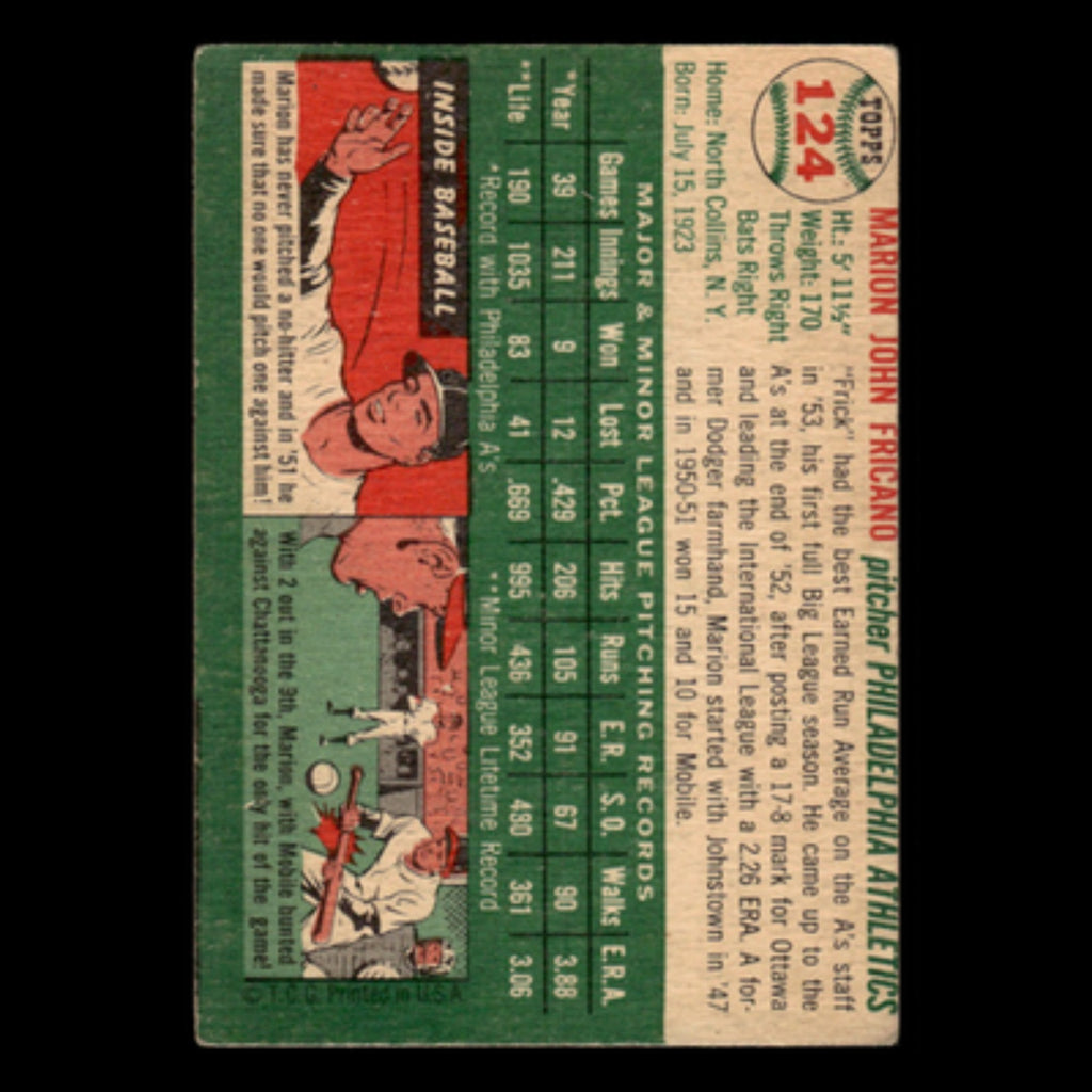 Marion Fricano #124 1954 Topps Philadelphia Athletics Baseball Card MLB EX
