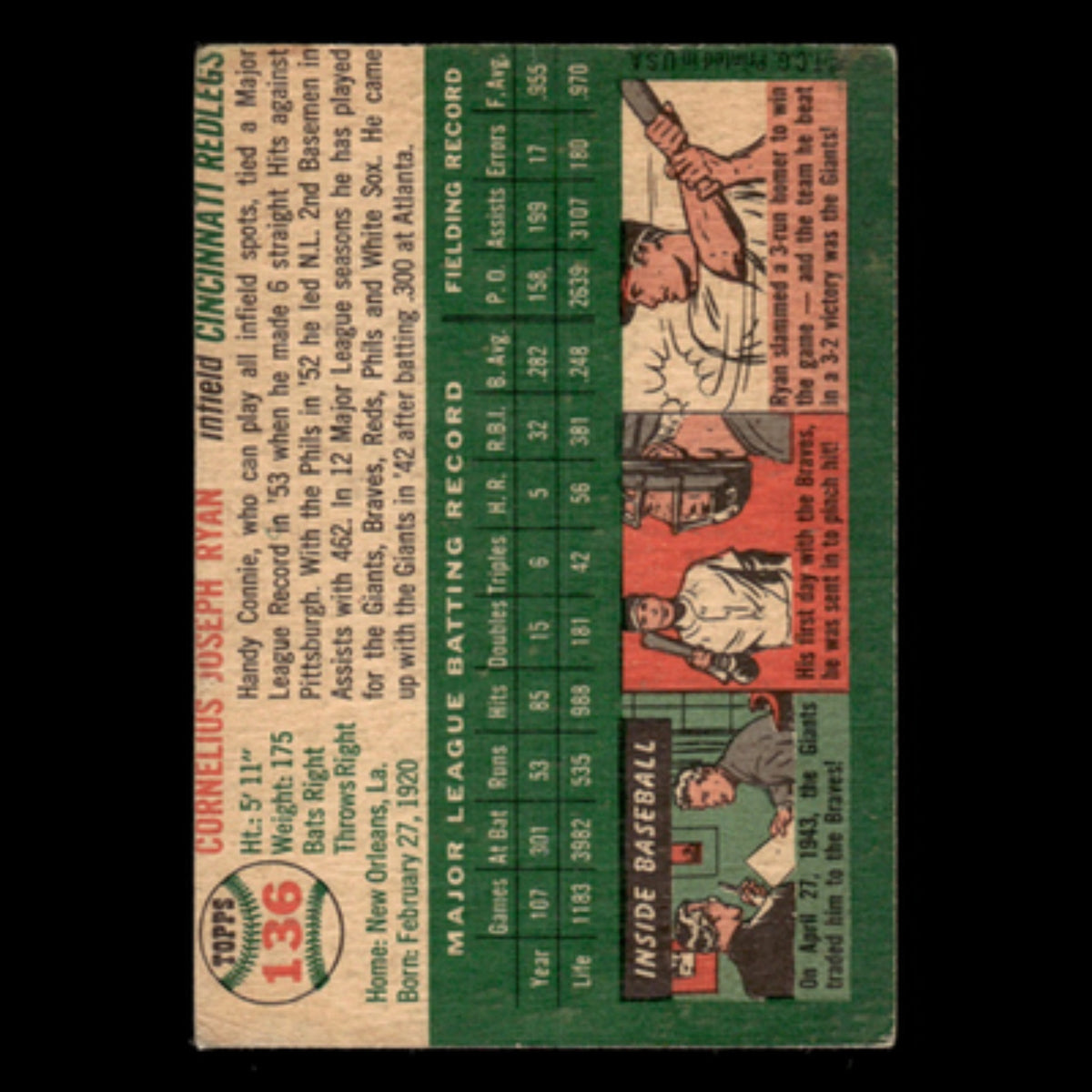Connie Ryan #136 1954 Topps Cincinnati Reds Baseball Card MLB EX