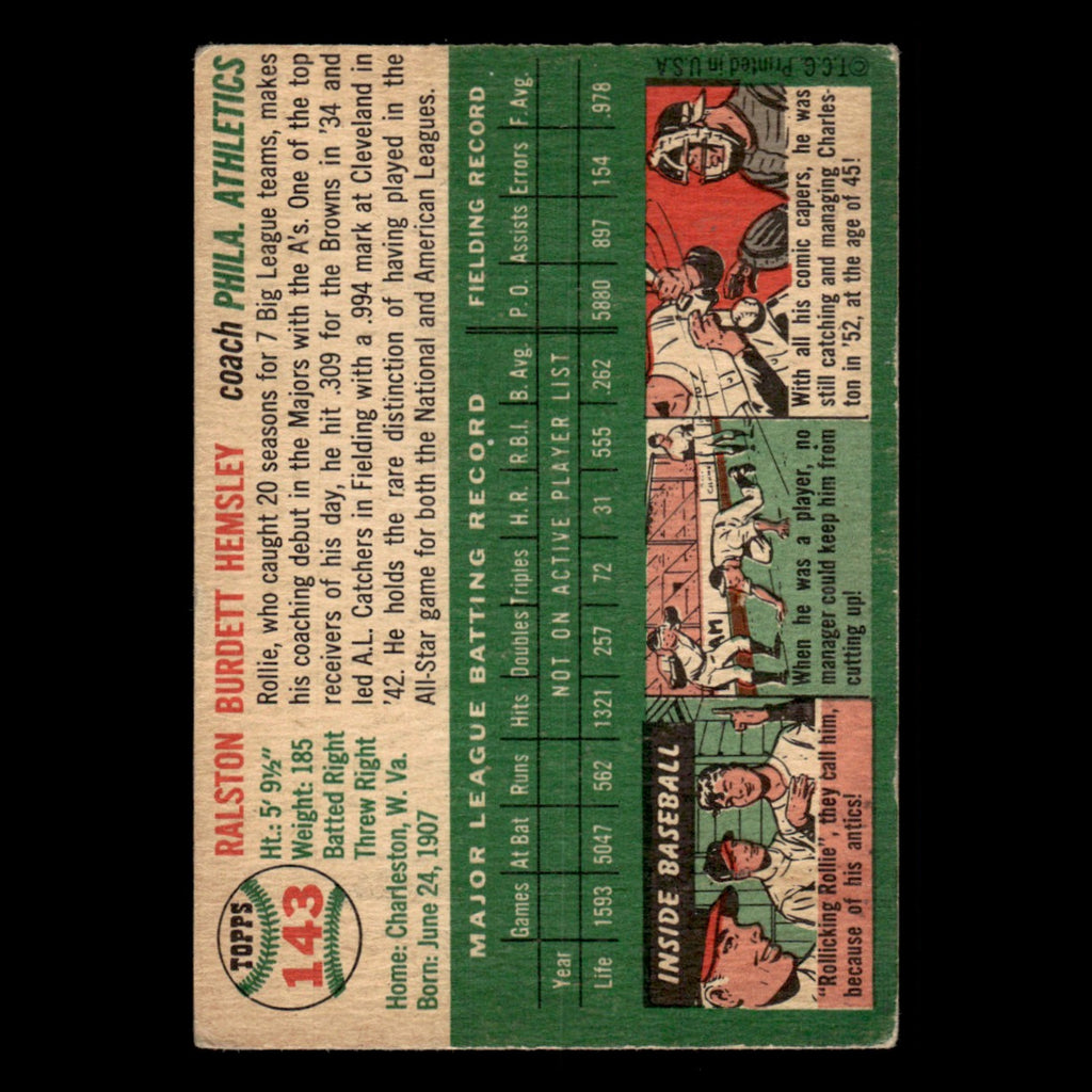 Rollie Hemsley #143 1954 Topps Philadelphia Athletics Baseball Card MLB EX