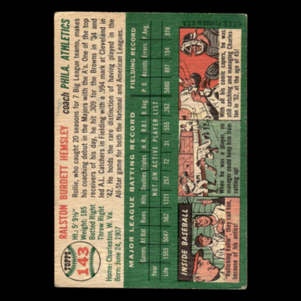 Rollie Hemsley #143 1954 Topps Philadelphia Athletics Baseball Card MLB EX