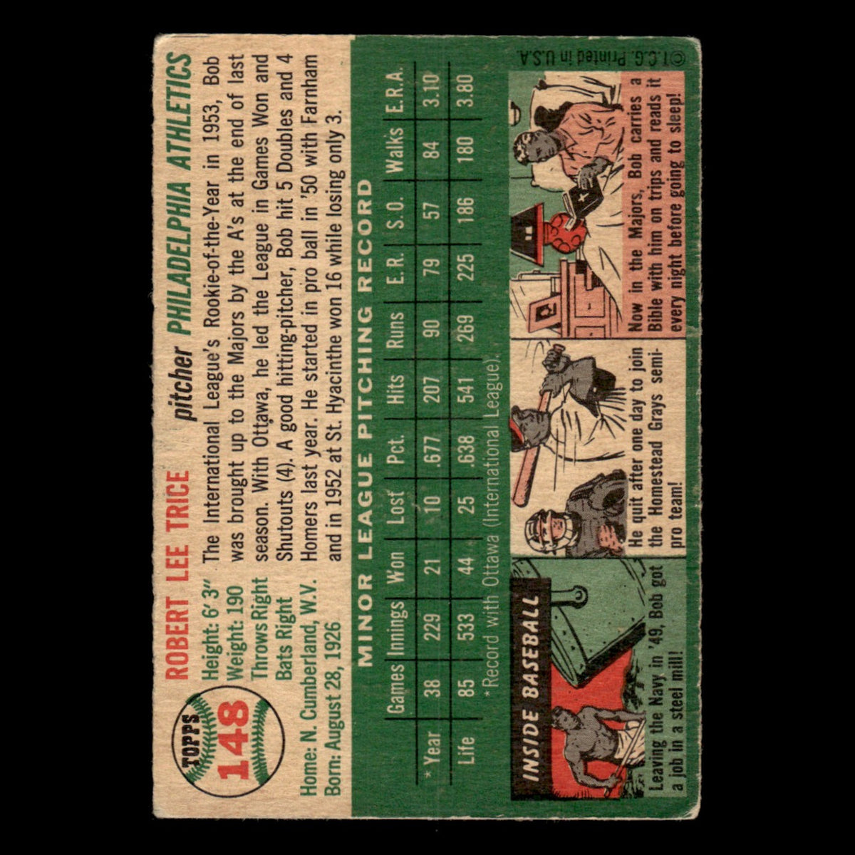 Bob Trice Rookie #148 1954 Topps Philadelphia Athletics Baseball Card MLB EX