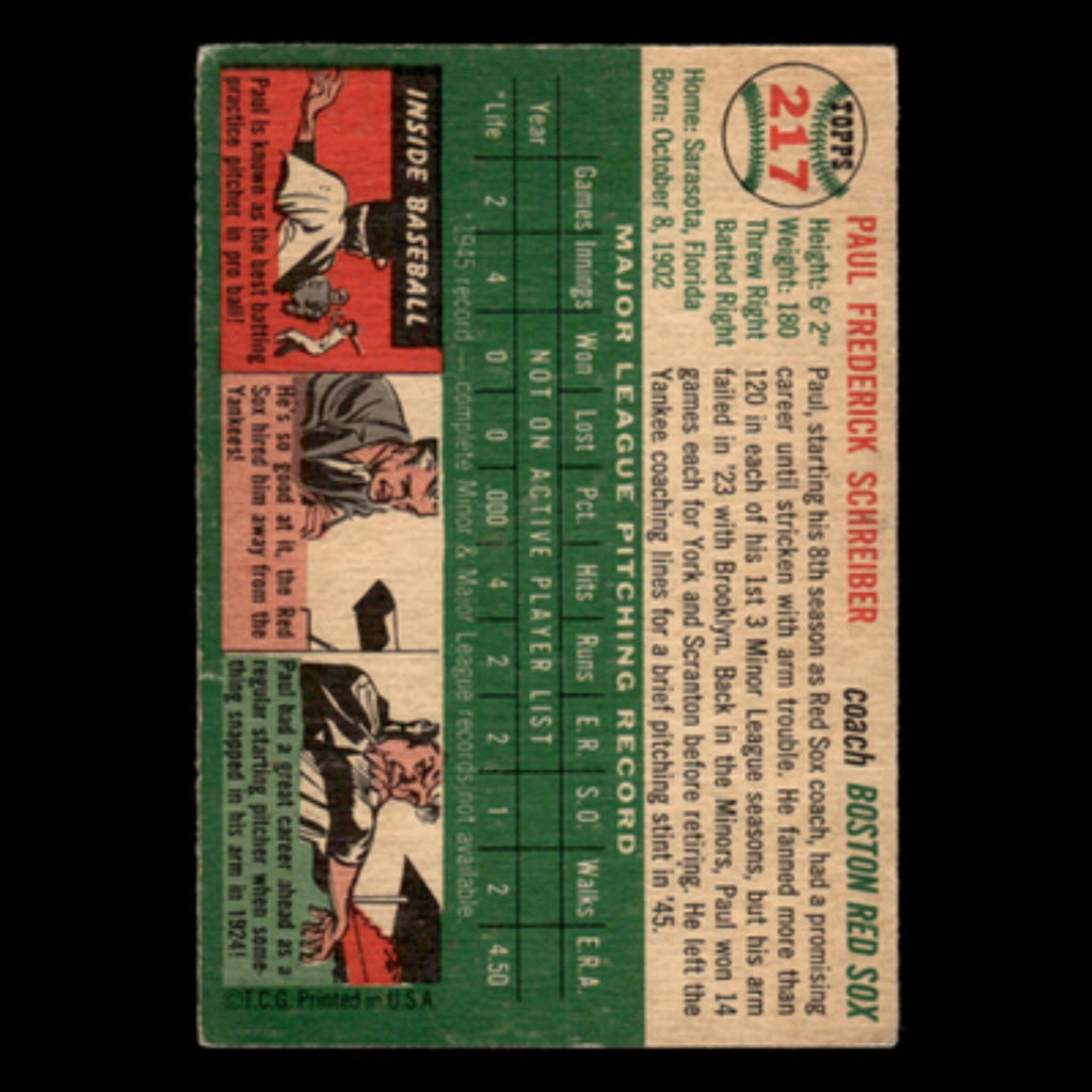 Paul Schreiber #217 1954 Topps Boston Red Sox Baseball Card MLB EX