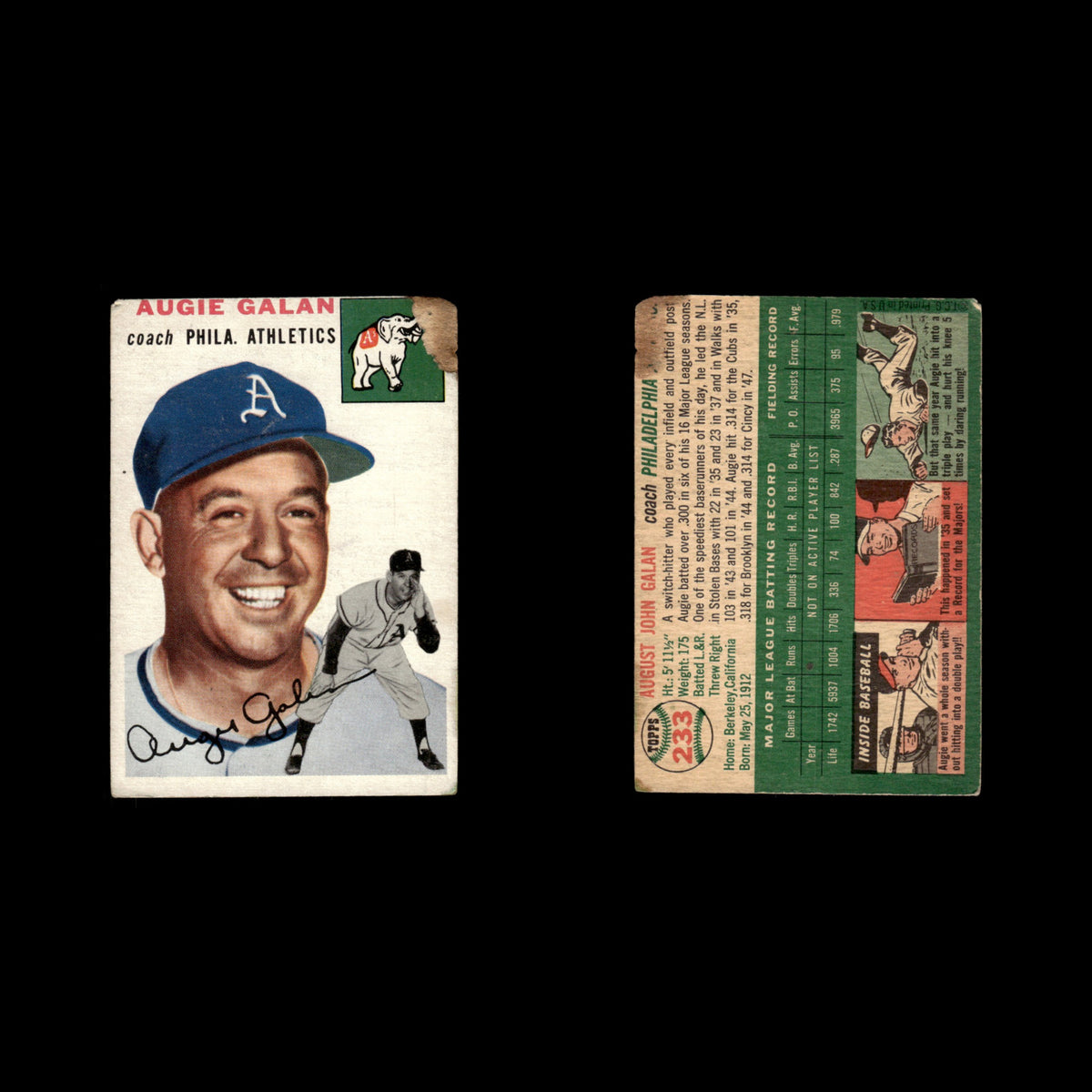 Augie Galan #233 1954 Topps Philadelphia Athletics Baseball Card MLB EX