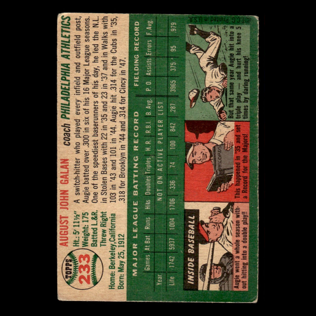 Augie Galan #233 1954 Topps Philadelphia Athletics Baseball Card MLB EX