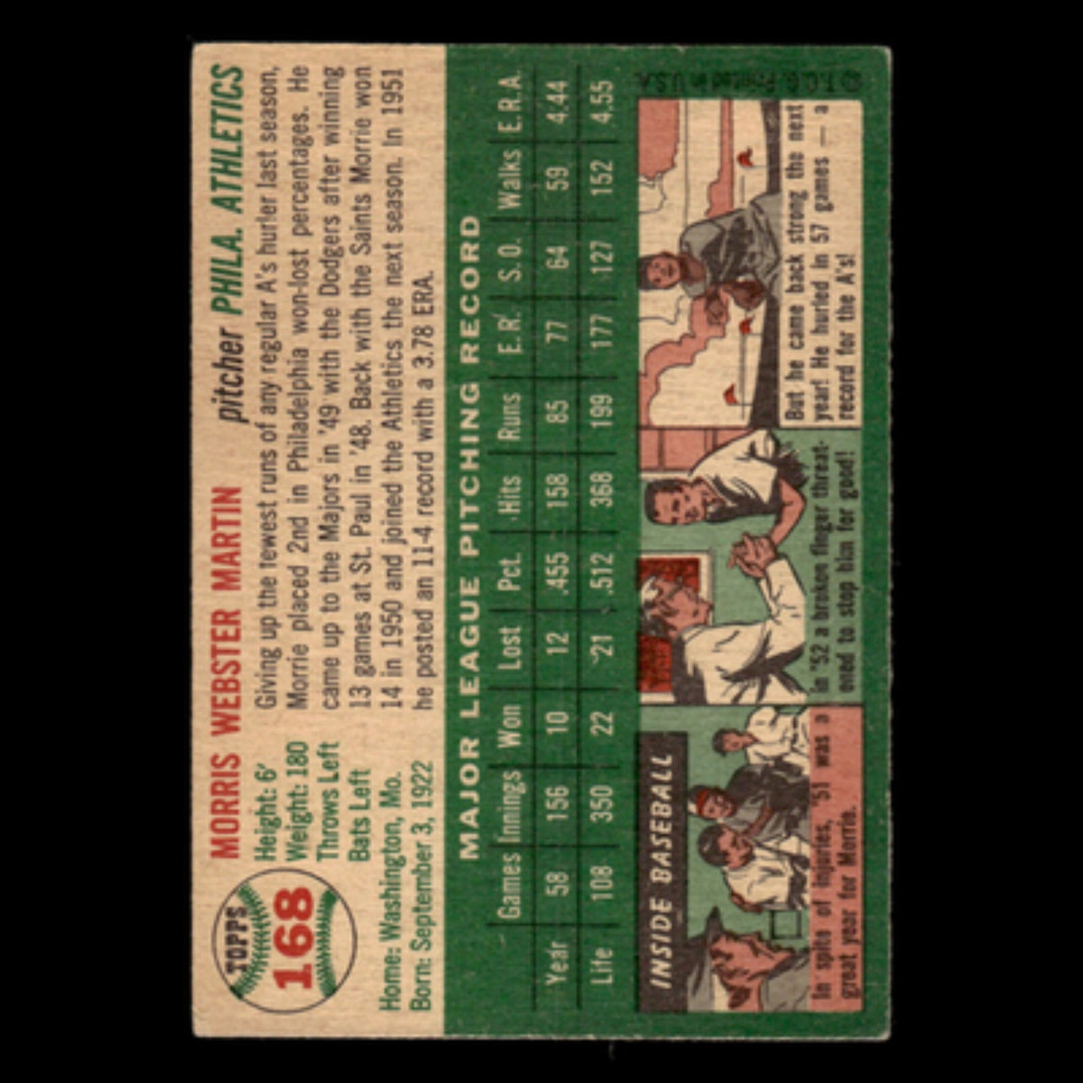 Morrie Martin #168 1954 Topps Philadelphia Athletics Baseball Card MLB EX