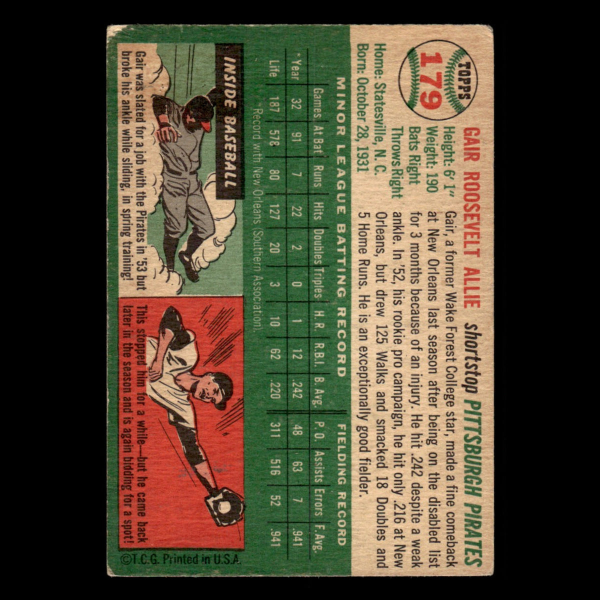 Gair Allie Rookie #179 1954 Topps Pittsburgh Pirates Baseball Card MLB EX