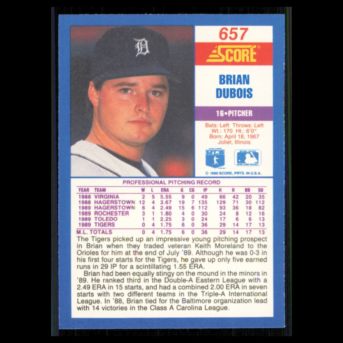 Brian DuBois Rookie #657 1990 Score Detroit Tigers Baseball Card MLB NM
