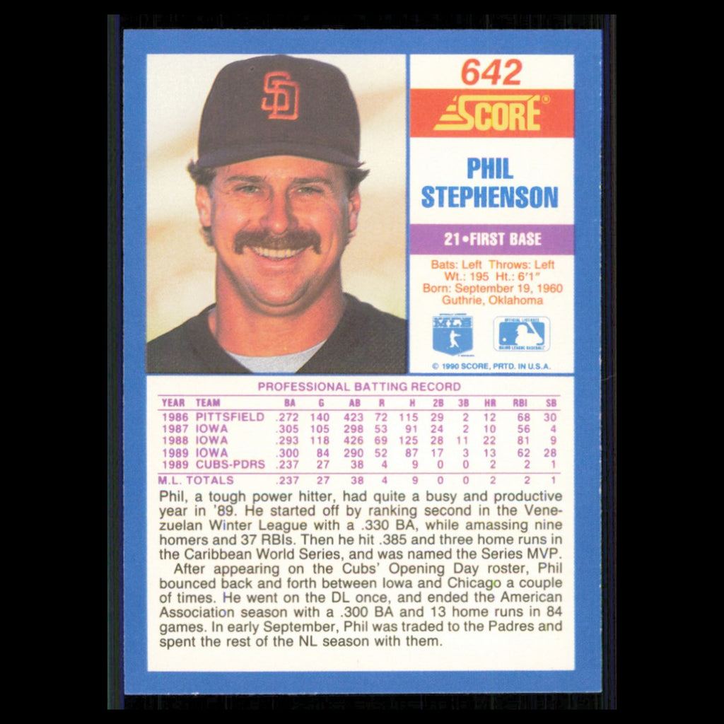 Phil Stephenson Rookie #642 1990 Score San Diego Padres Baseball Card MLB NM