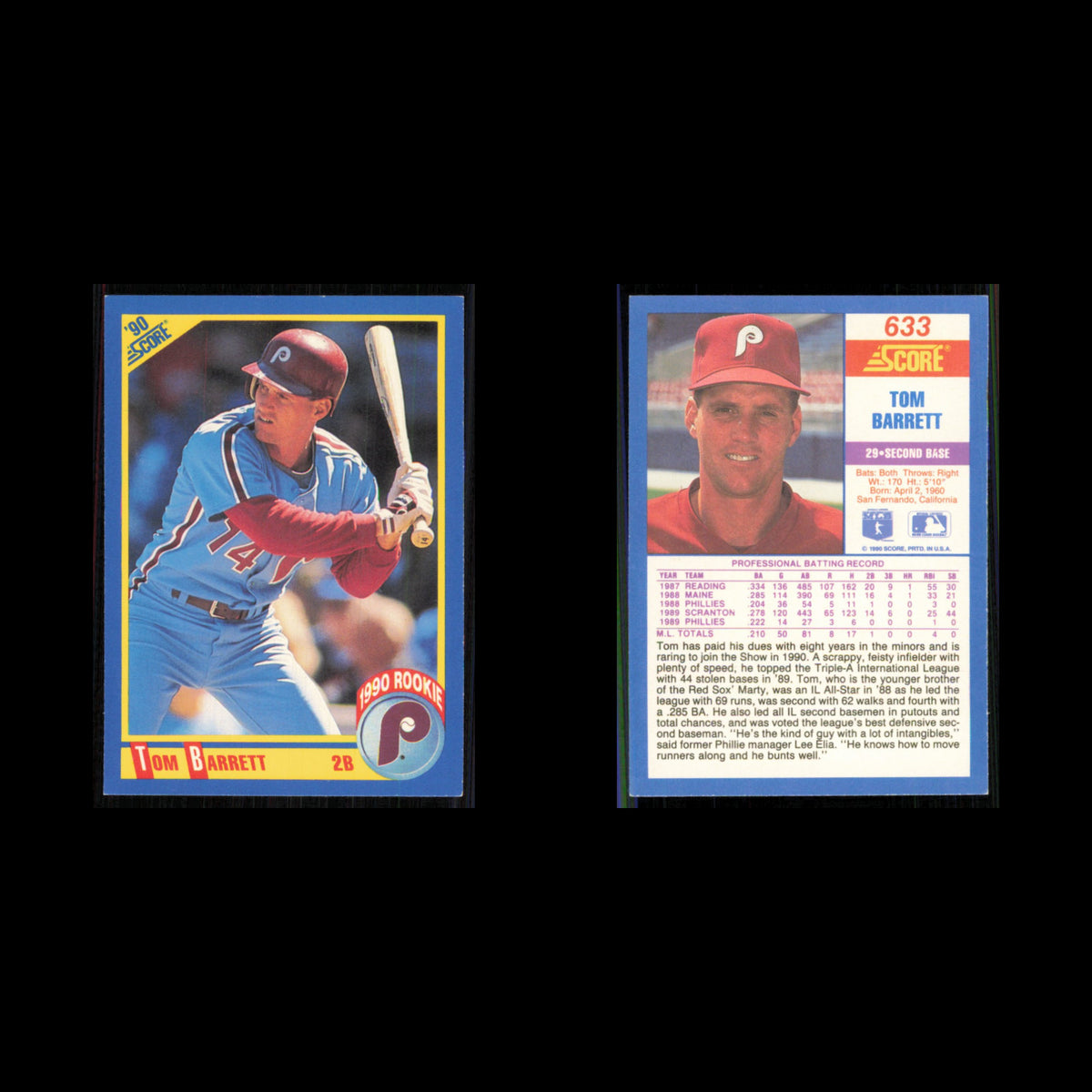 Tom Barrett Rookie #633 1990 Score Philadelphia Phillies Baseball Card MLB NM