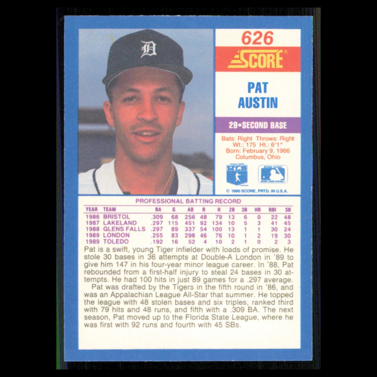 Pat Austin Rookie #626 1990 Score Detroit Tigers Baseball Card MLB NM