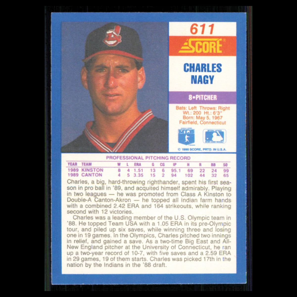 Charles Nagy Rookie #611 1990 Score Cleveland Indians Baseball Card MLB NM