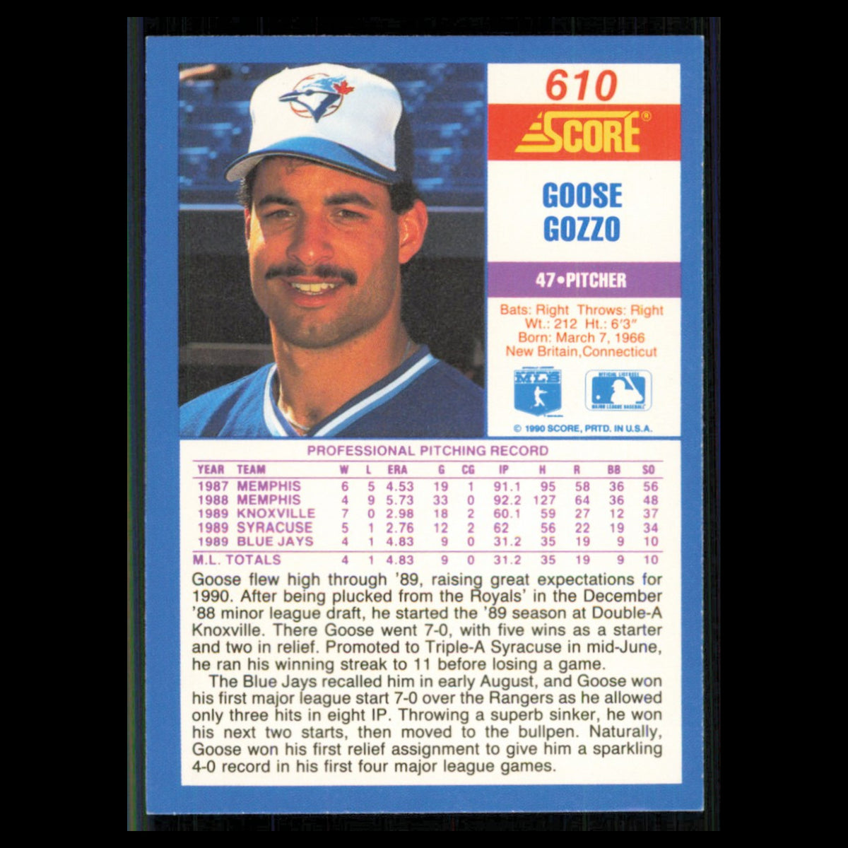 Goose Gozzo Rookie #610 1990 Score Toronto Blue Jays Baseball Card MLB NM