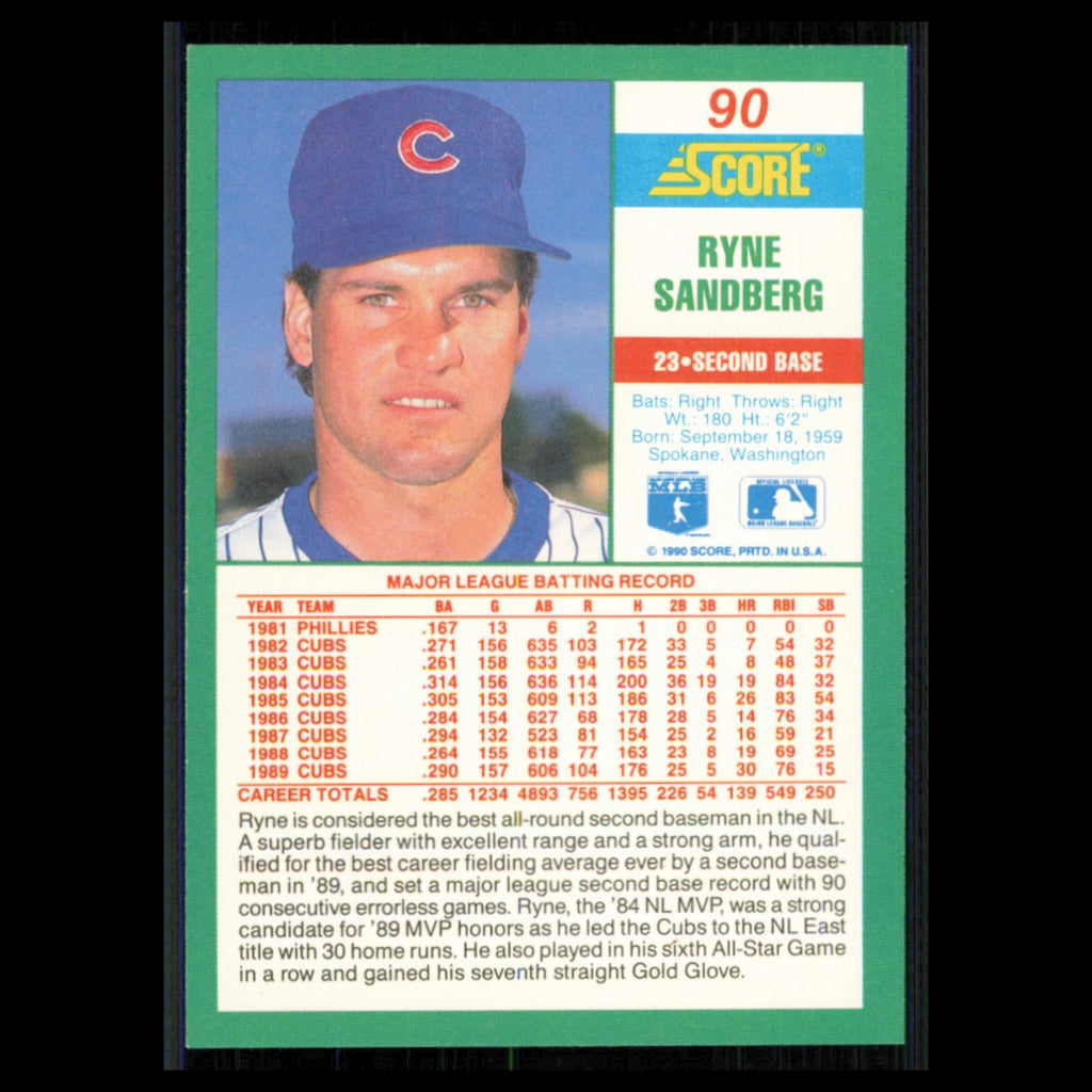Ryne Sandberg #90 1990 Score Chicago Cubs Baseball Card MLB NM
