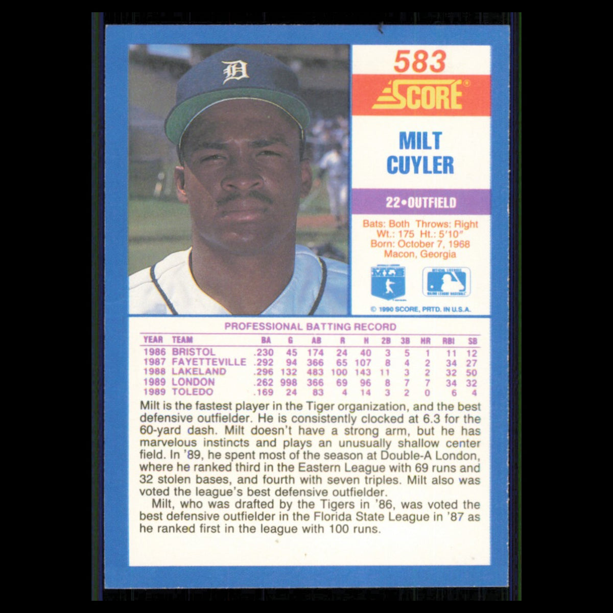 Milt Cuyler Rookie #583 1990 Score Detroit Tigers Baseball Card MLB NM
