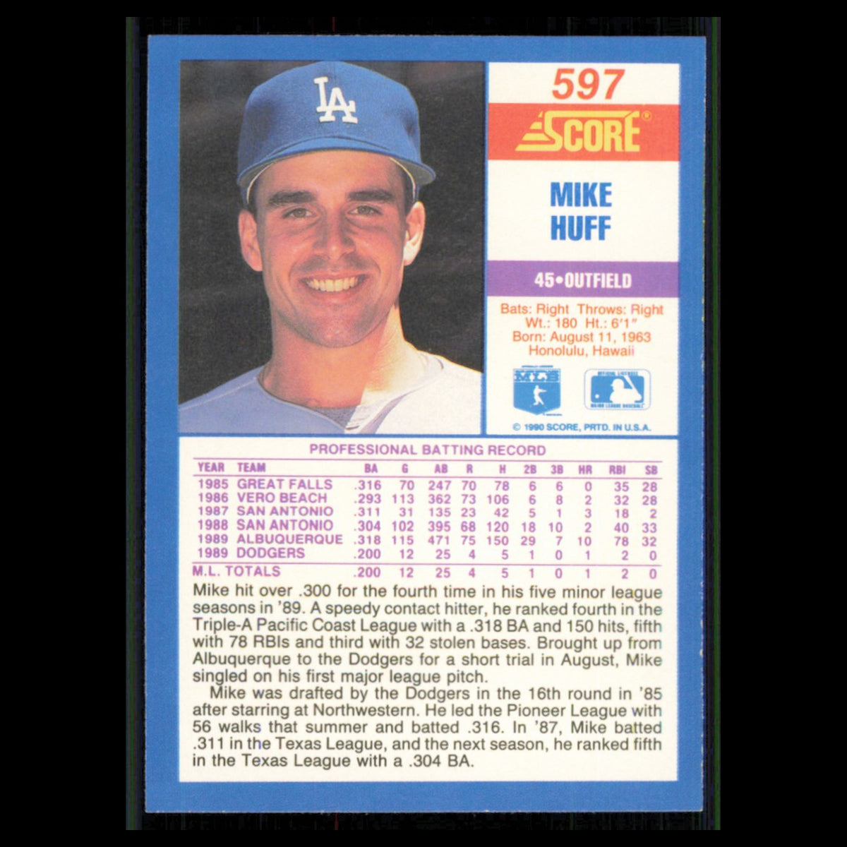 Mike Huff Rookie #597 1990 Score Los Angeles Dodgers Baseball Card MLB NM