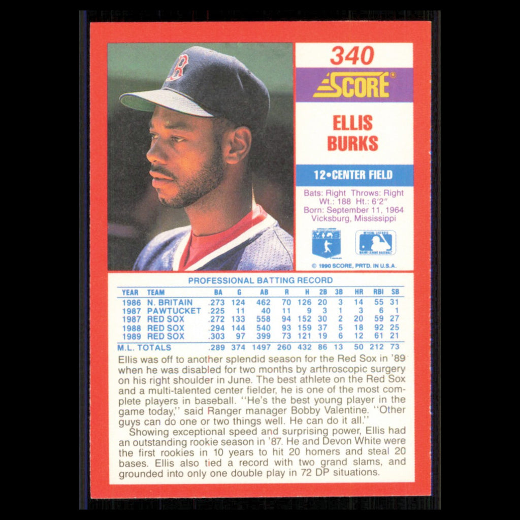 Ellis Burks #340 1990 Score Boston Red Sox Baseball Card MLB NM