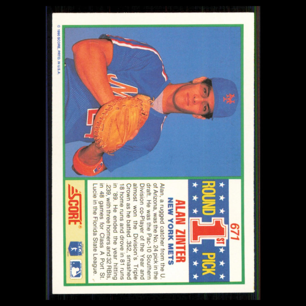 Alan Zinter Rookie #671 1990 Score New York Mets Baseball Card MLB NM