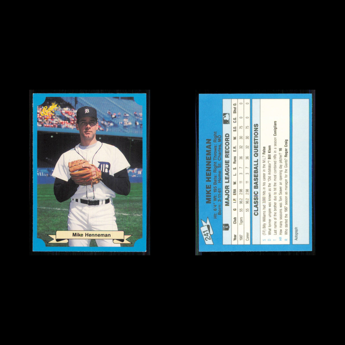 Mike Henneman Rookie #241 1988 Classic Blue Detroit Tigers Baseball Card MLB NM