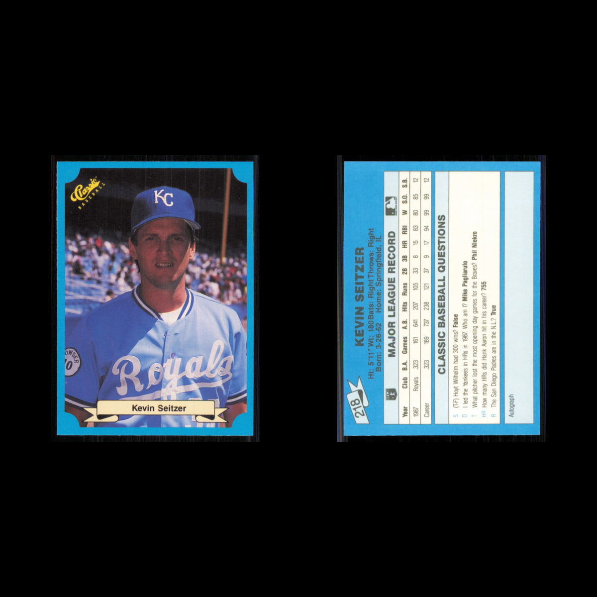 Kevin Seitzer Rookie #218 1988 Classic Blue Kansas City Royals Baseball Card MLB