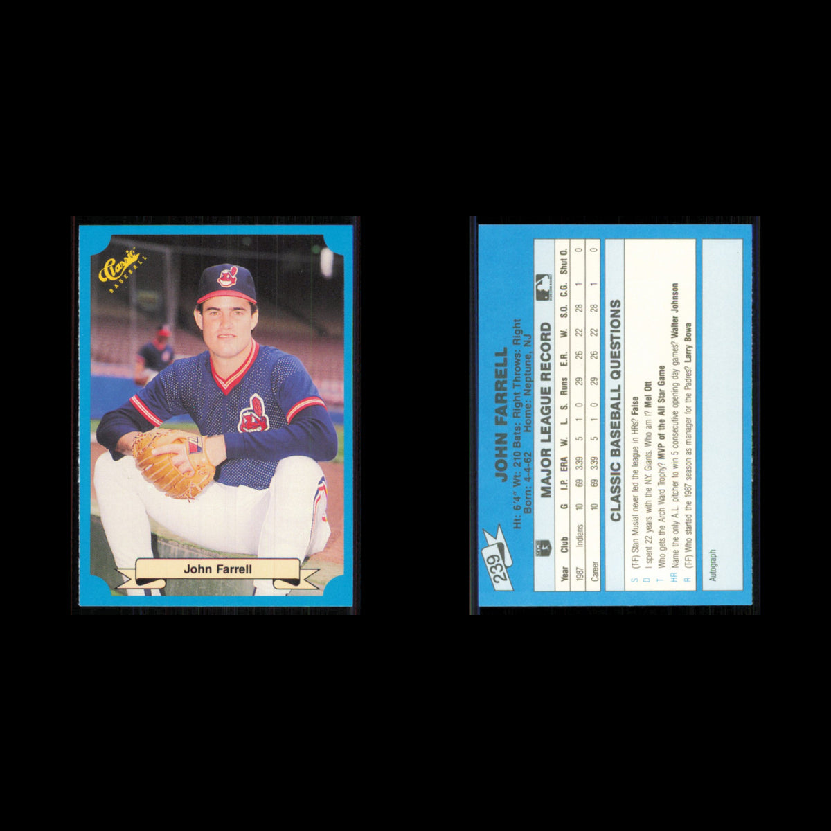 John Farrell Rookie #239 1988 Classic Blue Cleveland Indians Baseball Card MLB