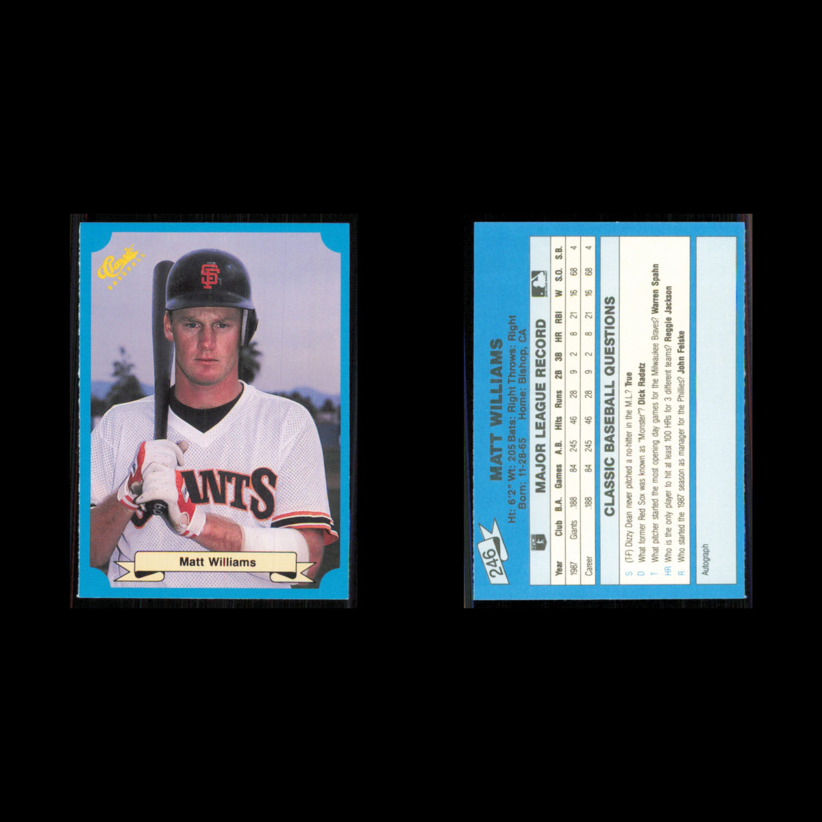Matt Williams Rookie #246 1988 Classic Blue San Francisco Giants Baseball Card