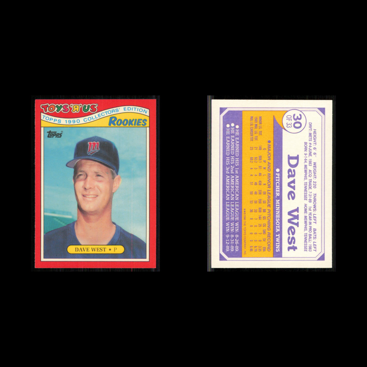 Dave West Rookie #30 1990 Topps ToysRUs Rookies Minnesota Twins Baseball Card NM