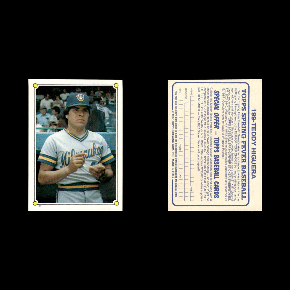 Teddy Higuera #199 1987 Topps Stickers Milwaukee Brewers Baseball Card MLB NM