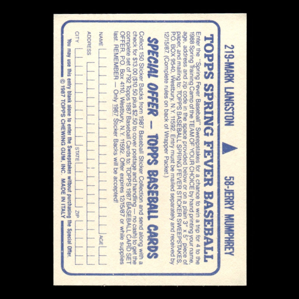 Mark Langston/Jerry Mumphrey #219/58 1987 Topps Stickers Baseball Card MLB NM